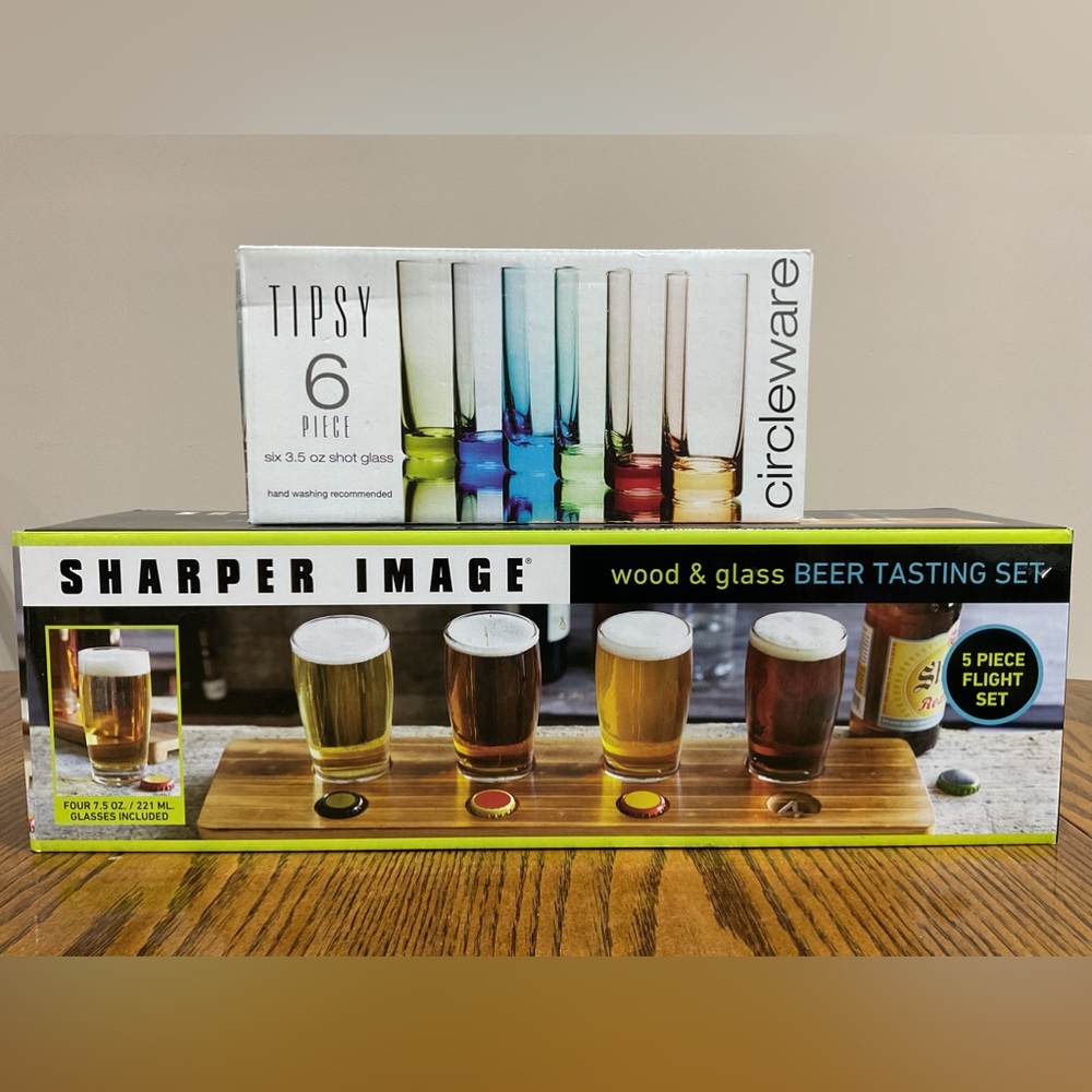 New Flight of 4 glasses on wooden board & set of 6 colored shot glasses